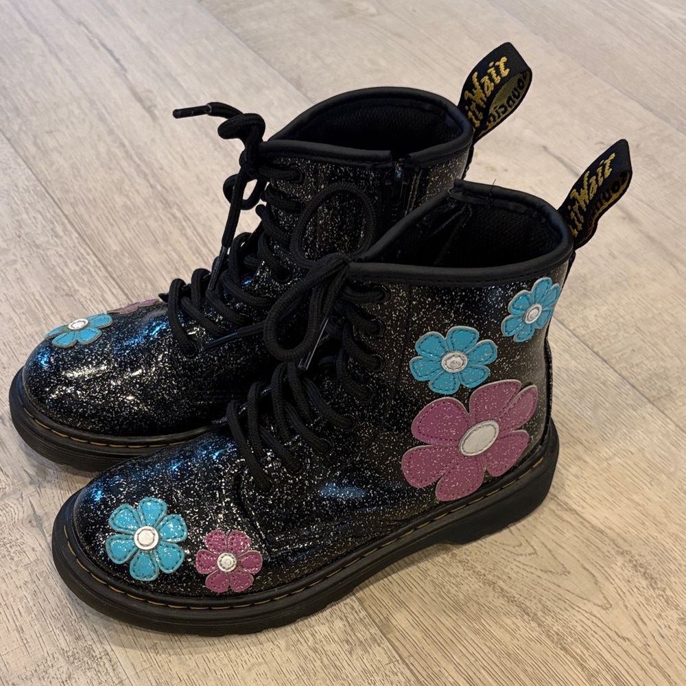 Dr. Martens Black Glitter Boots with Floral Design
